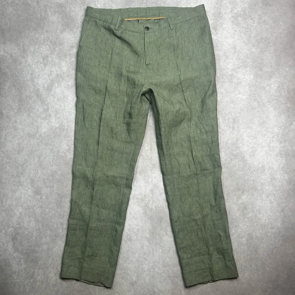 ETRO 52 Milano 100% Linen Twill Dress Pant Green US 36x30 Preppy Classy